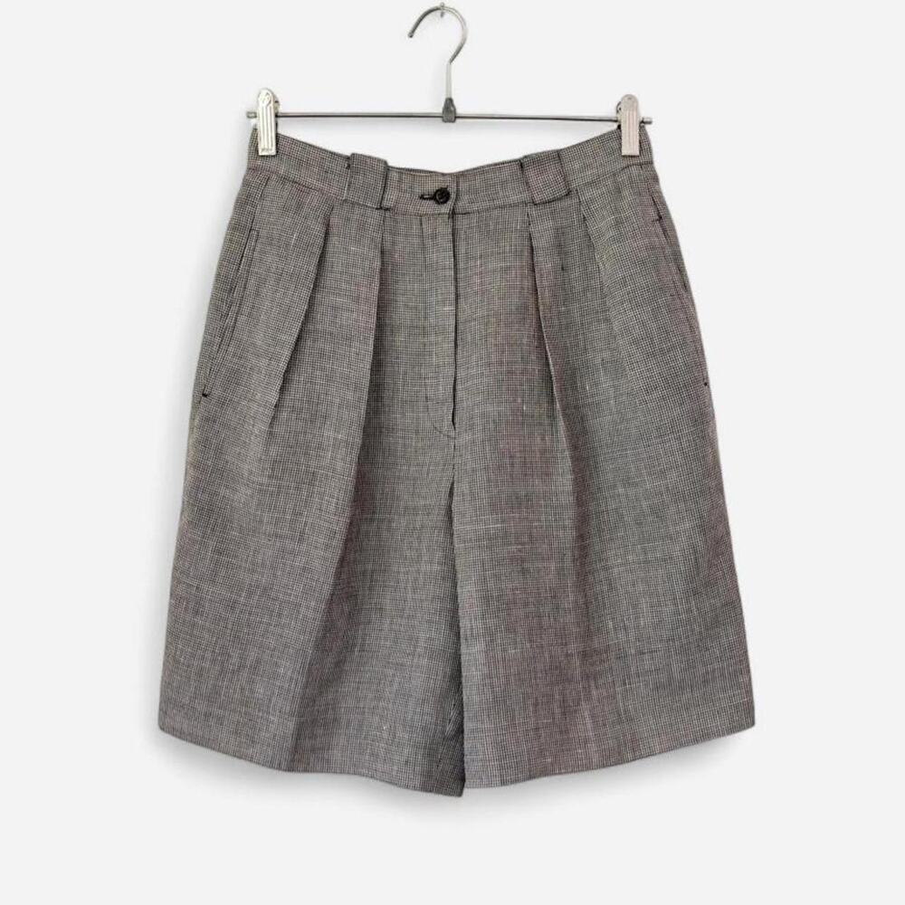 Anne Klein Vintage Gingham Pleated Linen Shorts Minimalist Made in USA- SM / MED